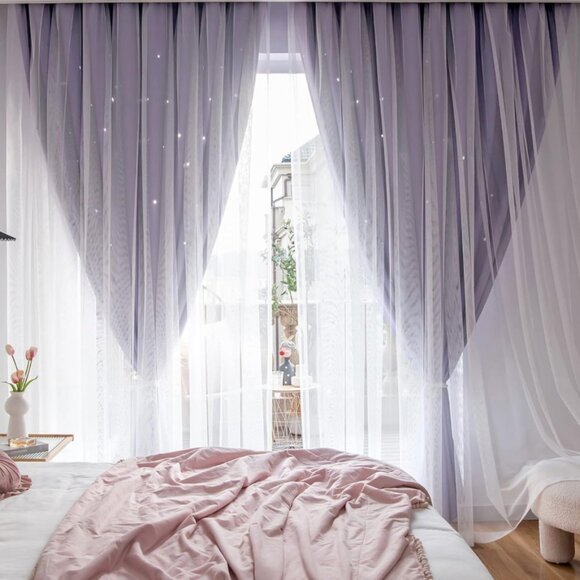 Purple Stars Double Layer Blackout Curtains 3 panels of 42 x 63 - Picture 2 of 8